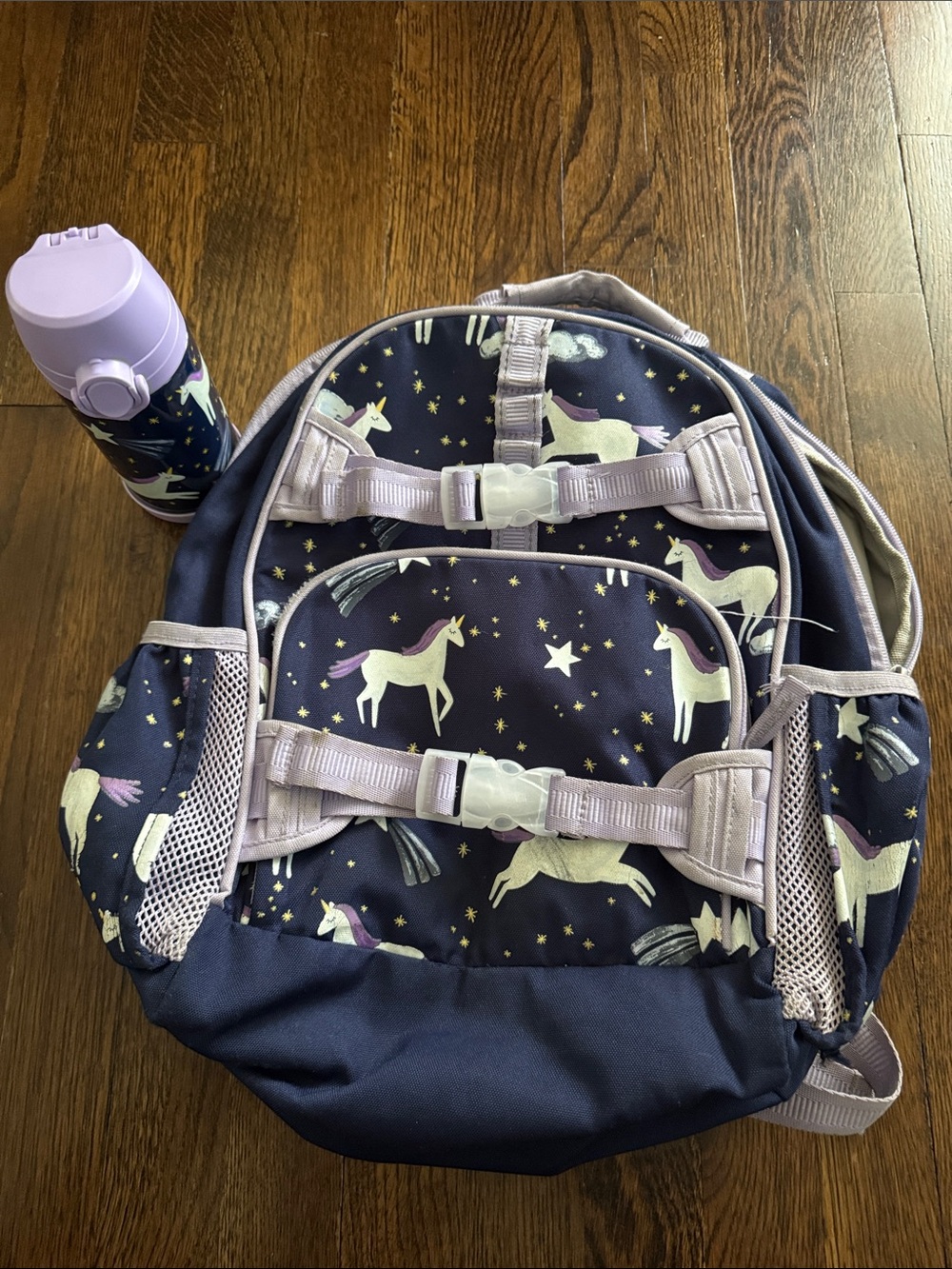 Pottery Barn Kids Navy and Lavender Unicorn Backpack with Water Bottle